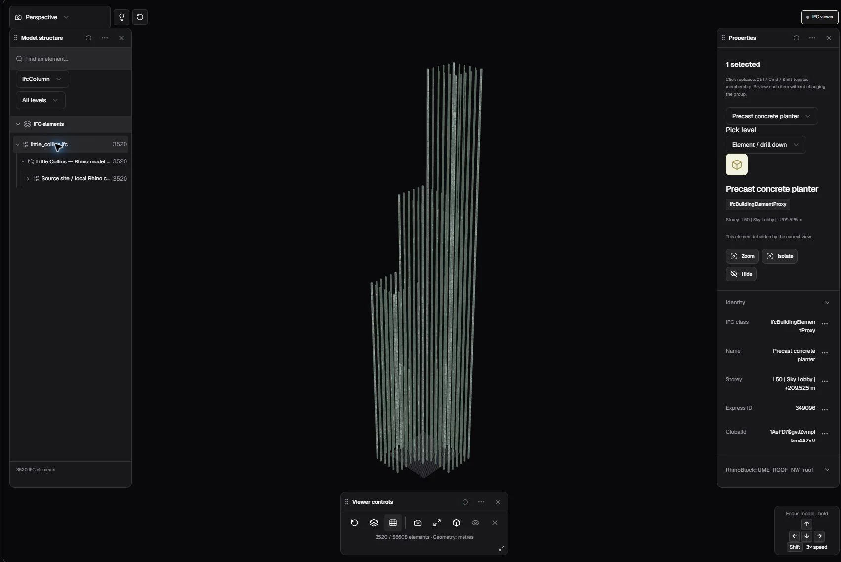 Actual Little Collins IFC class filter showing 3,520 columns from the complete 56,608-element model
