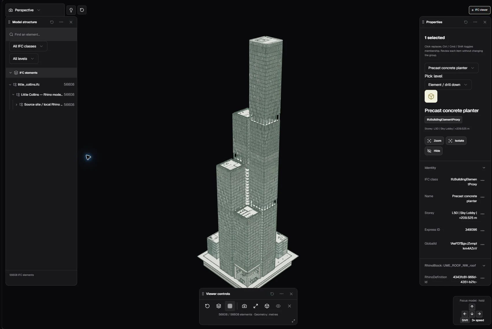 Actual Ontologic viewer with the complete Little Collins tower, model structure, source properties and arrow navigation hint